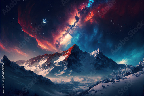 Colorful galaxy over snow mountains
