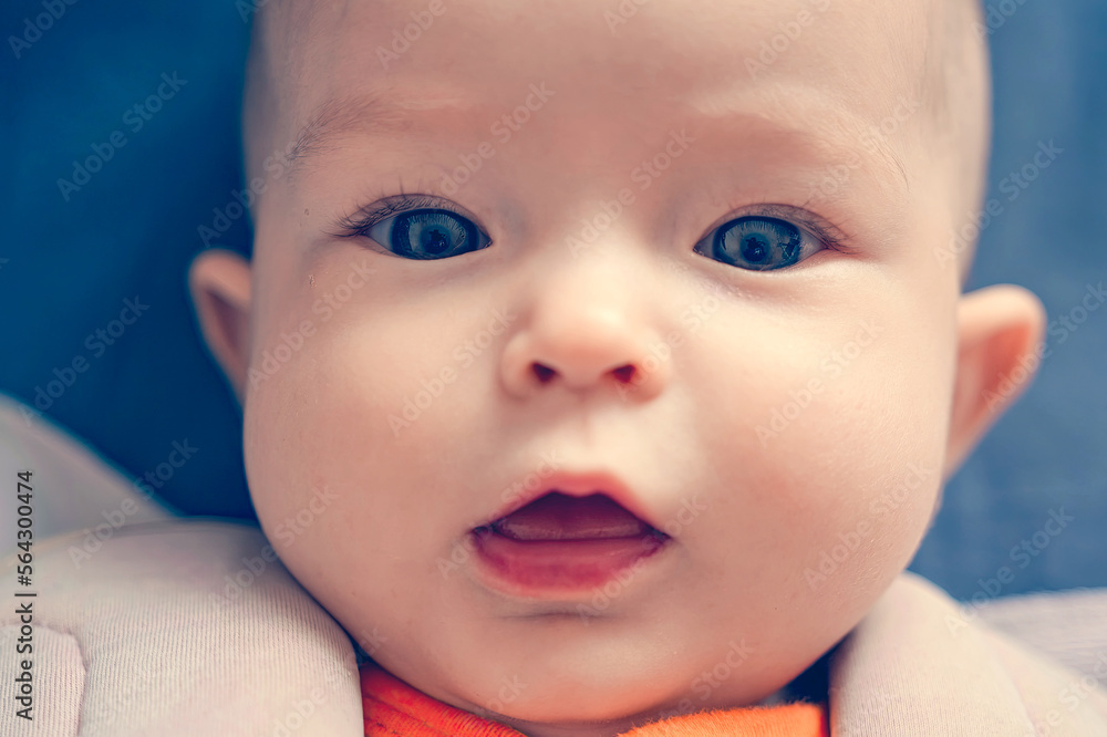 Close-up portrait of a happy baby. The plump face of a newborn with a blissful smile. Sweet smile of a calm child Close-up portrait of a happy baby. The plump face of a newborn with a blissful smile. Sweet smile of a calm child