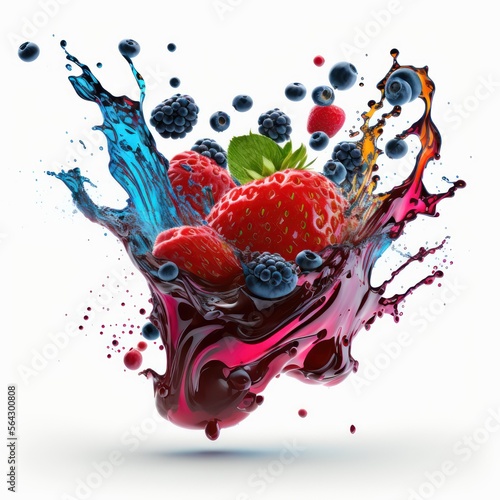 3d of berries,berry splash isolated on white background. Splashing of strawberries,blackberry juice for ads. Generative AI. 