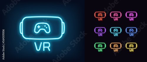 Outline neon VR glasses icon set. Glowing neon VR glasses frame with gamepad sign, gaming in virtual reality. Digital game store for VR headset, virtual gaming world and metaverse.