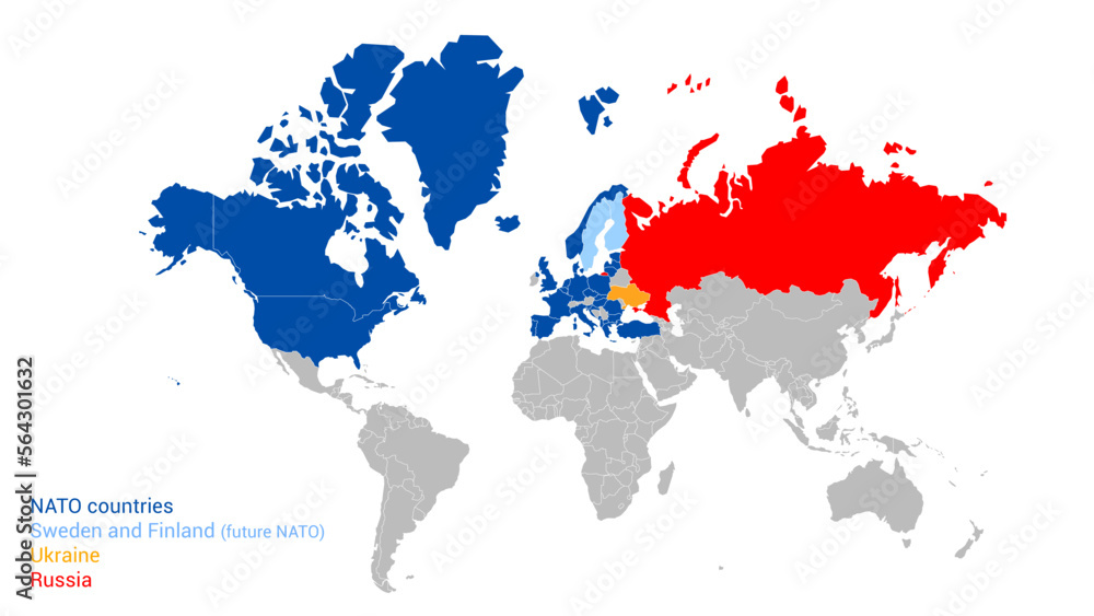 Map of NATO countries, Sweden and Finland (future NATO), Russia and