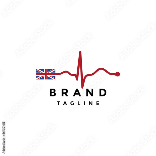 Heart Beat Out From United Kingdom Flag Logo Design. United Kingdom Flag Connect With Heartbeat Line Symbol Design.