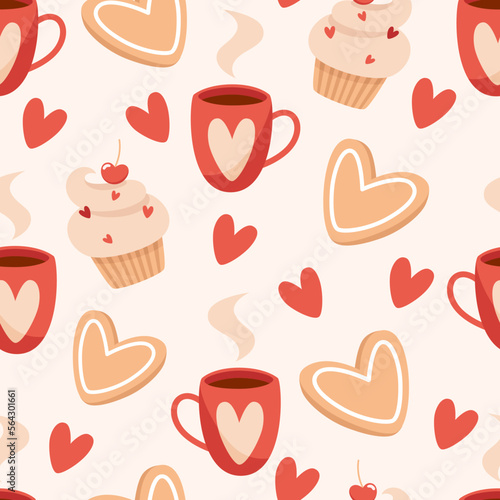 Seamless valentines day pattern with hot drink and cakes in flat styleSeamless valentines day pattern with hot drink and cakes in flat style