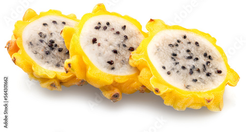 Three dragon fruit slices with white flesh and crunchy black seeds isolated on white background.