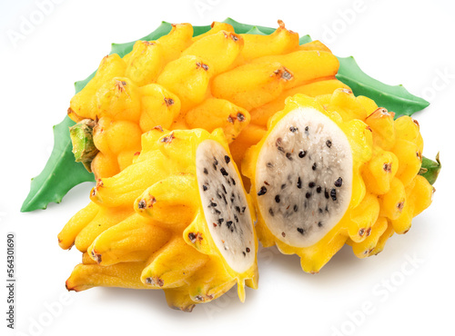 Dragon fruit and dragon fruit slices isolated on white background.