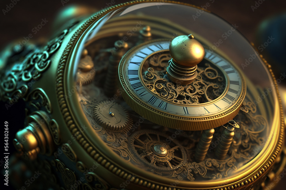Antique ornated brass and glass generic mechanism, clock, astrolabe. Created with Generative AI technology.