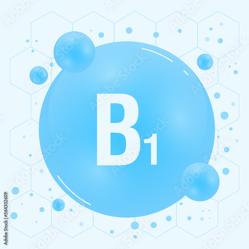 Vitamin B1 shining pill capcule icon. Vitamin complex with chemical formula, group B, thiamine. Shining substance drop. Meds for heath ads. Vector illustration