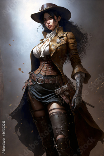 Asian female gunslinger in thigh high boots and skirt, wild west style photo
