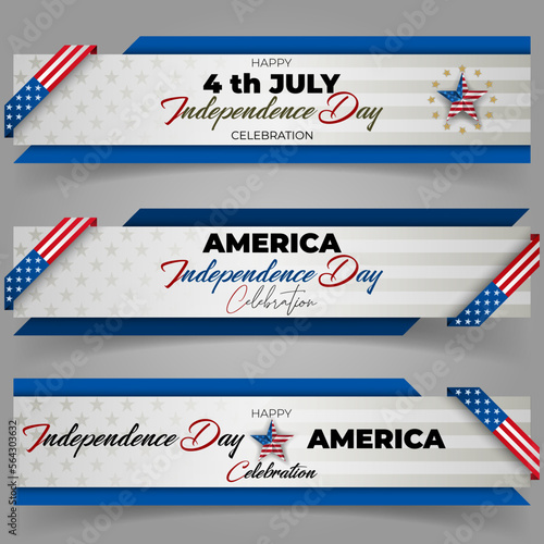 Set of web banners design, background with handwriting texts, medal of honor and national flag colors for U.S. Independence Day celebration; Vector illustration