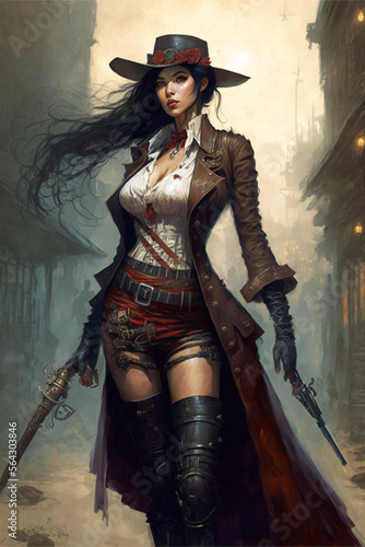 Asian female gunslinger in thigh high boots and skirt, wild west style