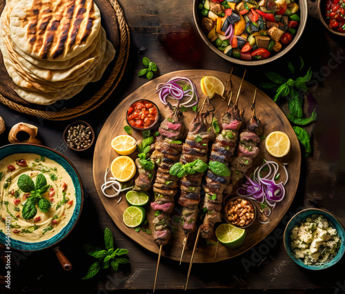 Food, Middle eastern, Arabic or Mediterranean, and dinner table with grilled lamb kebab, chicken skewers with roasted vegetables and appetizers variety serving on rustic outdoor table.  Generative ai