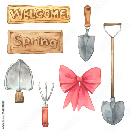 Big Set watercolor elements - ribbon, Shovel, spring. collection of vector elements. illustration isolated on white background. Botanic.