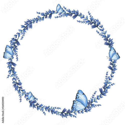 Watercolor flowers wreath set. Hand painted wedding illustration. with blue butterflies