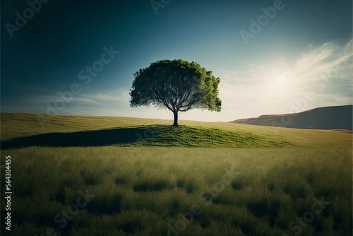 Simple single tree on grass field, Generative AI