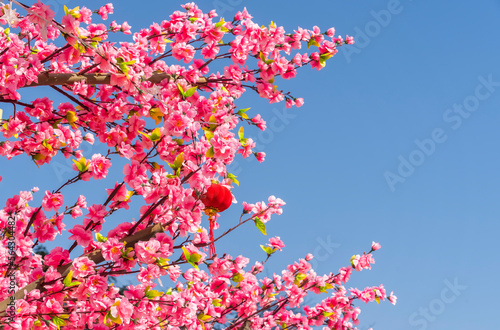 artificial peach blossoms on a branch with a lantern