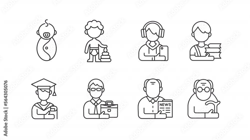Animated male persons linear icons. Boyhood and adulthood. Generations. Youth, senility. Seamless loop HD video with alpha channel on transparent background. Outline motion graphic animation Animated male persons linear icons. Boyhood and adulthood. Generations. Youth, senility. Seamless loop HD video with alpha channel on transparent background. Outline motion graphic animation
