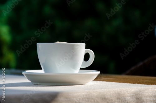 Coffee cup on wood table nature background in garden.