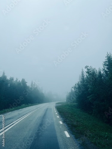 Driving empty road in the fog, wet weather, empty highway through the forest 