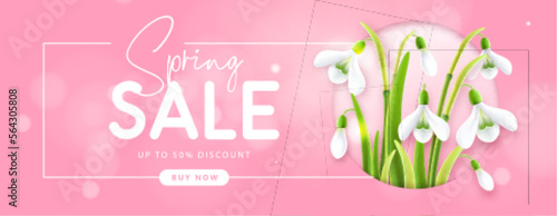Spring big sale poster  with realistic full blossom snowdrops. Vector illustration