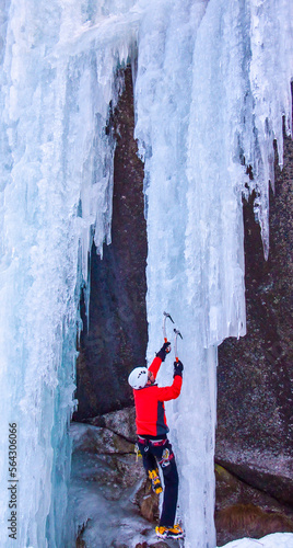 Coraggioso alpinista su cascata di ghiaccio in VDA. Valle d'Aosta, Italia