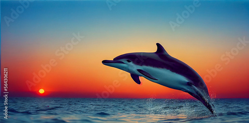 dolphin jumping at sunset, Generative AI Art Illustration © Animaflora PicsStock