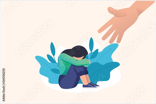 Human hand helps a sad lonely woman to get rid of depression. A young unhappy girl sits and hugs her knees. The concept of support and care for people under stress. Vector illustration in flat style