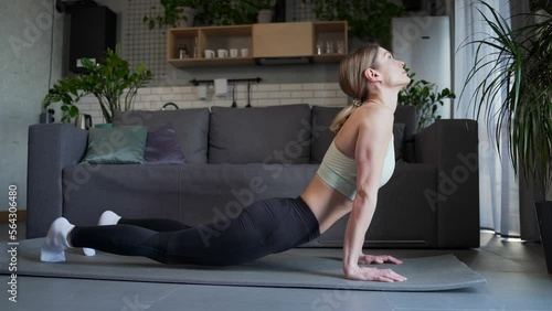 Athletic young woman in sportswear doing pushups workout training on the mat in living room at home Fit female take a break after sport exercise Healthy lifestyle Sport recreation Domestic fitness photo