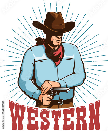 Western vintage emblem with wild west cowboy. Cowboy retro badge. Vector illustration