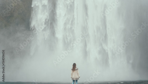 Young tourist woman standing near the powerful waterfall in Iceland and enjoying the beautiful view of water.