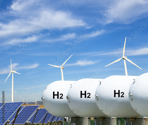 Hydrogen energy storage gas tank for clean electricity solar and wind turbine facility