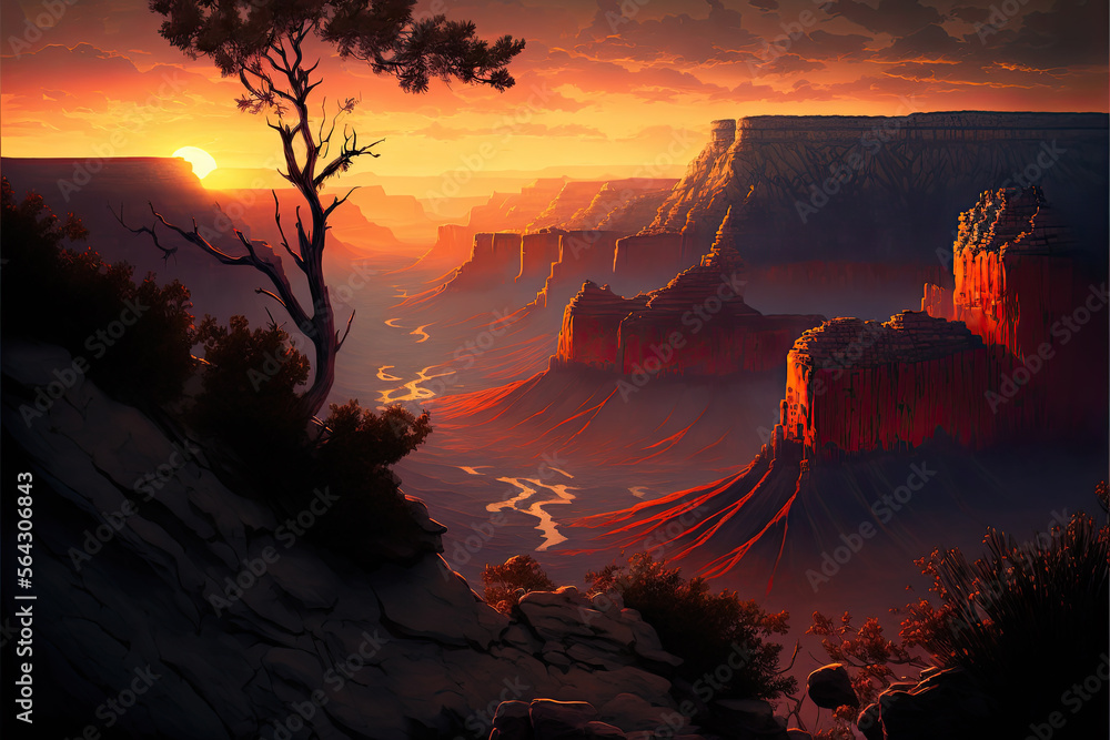 a beautiful sunset over a huge canyon. Generative AI