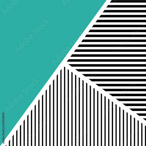 Simple geometric design illustration with turquoise triangle and black and white horizontal and vertical stripes decoration on white background