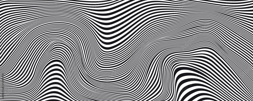 Checkered black and white line seamless pattern with optical illusion effect. Simple abstract vector monochrome background. Modern distorted texture. Op art style. Funky repeat design for decor, prin