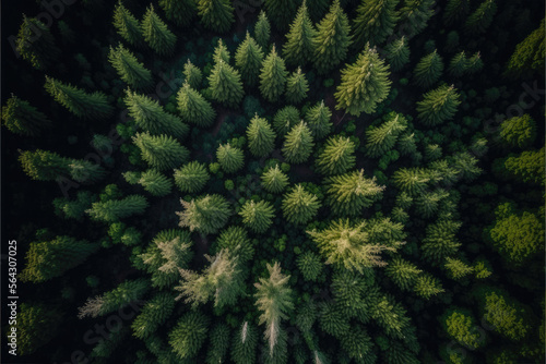 a dense green fir forest from above. drone shot. Generative AI