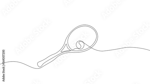One line continuous tennis racket symbol concept. Sport competition game tennis ball. Digital white single line sketch drawing vector illustration