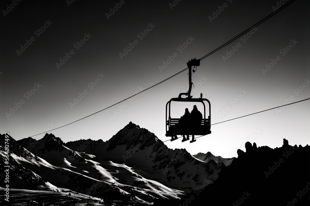 Obraz premium a silhouette of two people in the chairlift. Generative AI