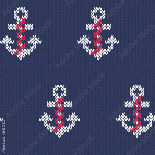 Nautical anchor knitted seamless pattern for knit wear. Navy blue background and red heart shape. Vector illustration.