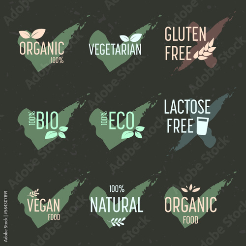 Set of healthy food icons on dark background. Vegetarian, bio, eco, natural, gluten free, lactose free. Watercolor, vector illustration