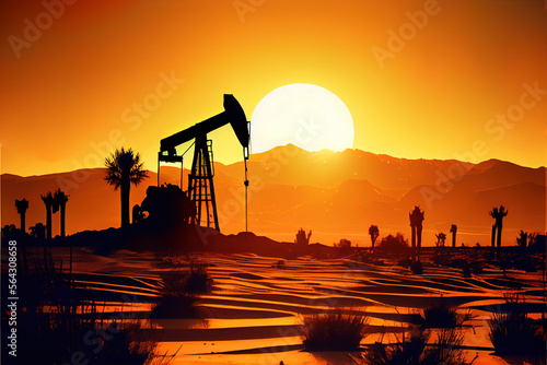 silhouette of oil pump in the desert with sun and dunes on background. Generative AI