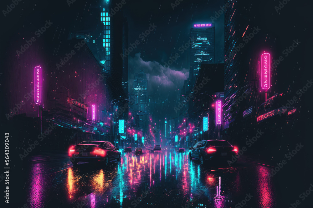 abstract illustration of a future big city with wet streets and neon glowing diodes. the streets reflect the lights. it is raining. Generative AI