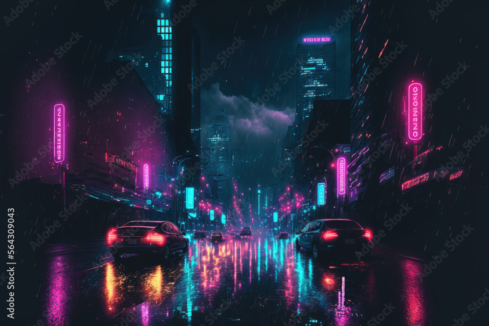 abstract illustration of a future big city with wet streets and neon glowing diodes. the streets reflect the lights. it is raining. Generative AI abstract illustration of a future big city with wet streets and neon glowing diodes. the streets reflect the lights. it is raining. Generative AI