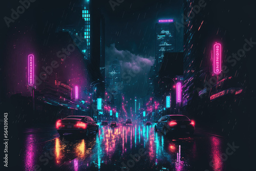abstract illustration of a future big city with wet streets and neon glowing diodes. the streets reflect the lights. it is raining. Generative AI