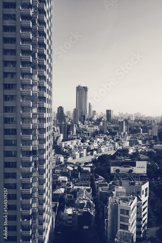 Tokyo skyline in black and white showing skyscrapers and modern Japanese urban architecture