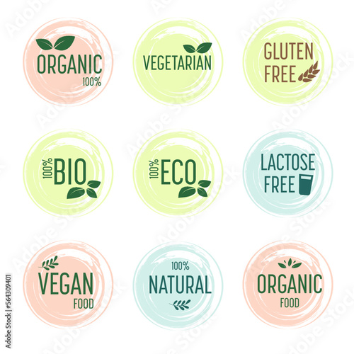 Set of healthy food stickers. Vegetarian, bio, eco, natural, gluten free, lactose free. Watercolor, vector illustration