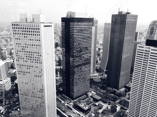 Photography Tokyo skyline in black and white showing skyscrapers and modern Japanese urban a
