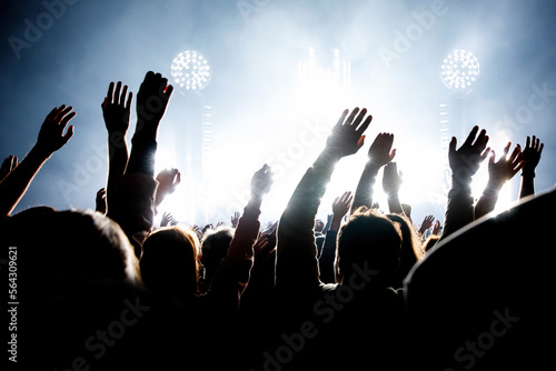 The happy crowd in a concert hall. Silhouettes of raised hands.