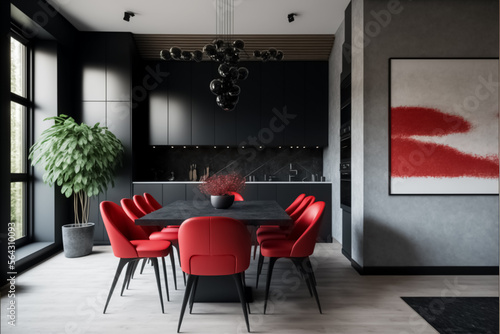 Meeting area, dining room, black square table, red chairs. Black and red kitchen. Dining modern kitchen, interior. Luxury kitchen. 