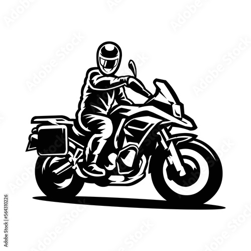 Adventure biker silhouette black and white vector art isolated. Super moto biker vector