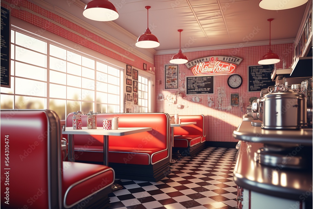 Retro cafe, american diner interior with tables, red sofas. 3d
