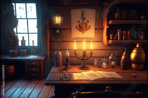 Fotografia Pirate capitan ship cabin. Wooden room interior. 3d illustration